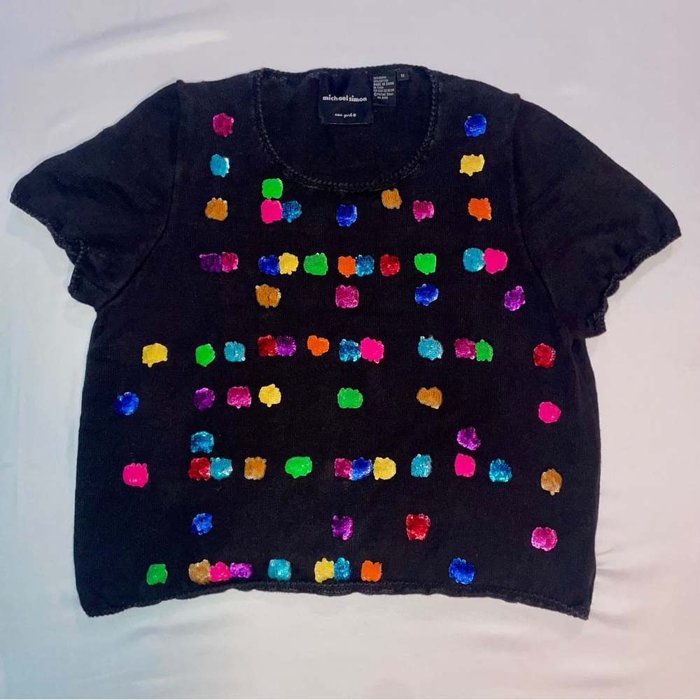 Vintage Michael Simon Wearable Art Top 1X Y2K Sequin Black Festival Rare